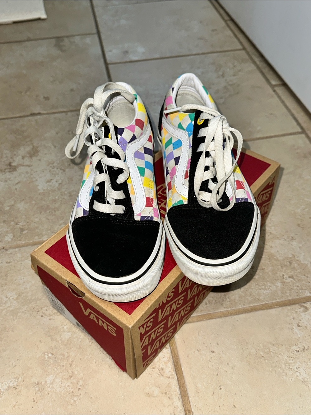 Vans Old Skool Checkerboard Sneakers in Black with Rainbow Accents